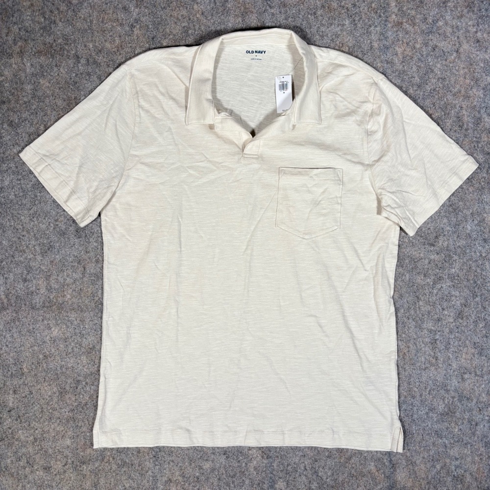 Old Navy Polo Shirt Mens Medium Cream Slub Knit Pocket Short Sleeve 858382-04-4